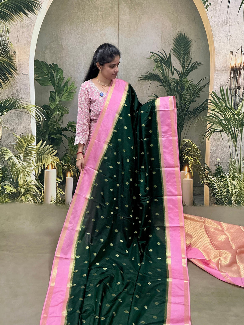 Premium Soft Silk Saree – Bottle Green Body with Baby Pink Rich Border | Traditional Rich Design | Sri Nandhini Tex | SNTKS028