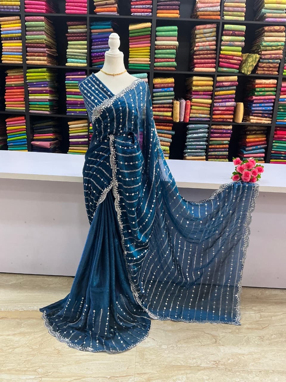 Premium Space Silk Designer Saree – Peacock Blue with Stone Work Border | Sri Nandhini Tex | SNTSS004