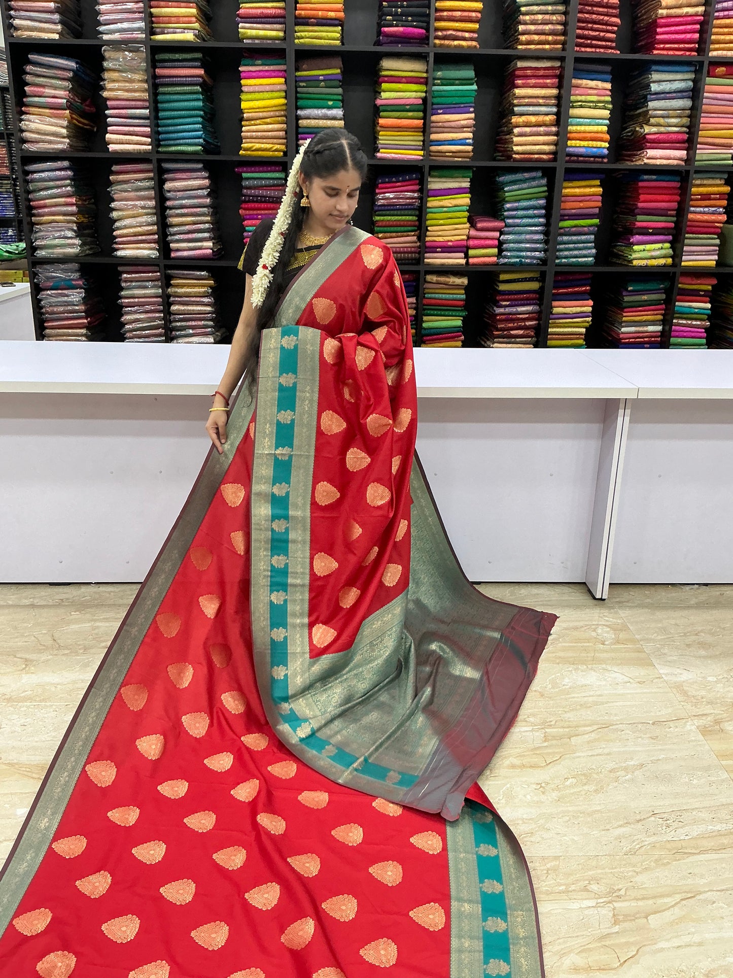 Premium Semi Kanchi Soft Silk Saree – Ruby Red with Aqua Green Border | Sri Nandhini Tex | SNTKS14