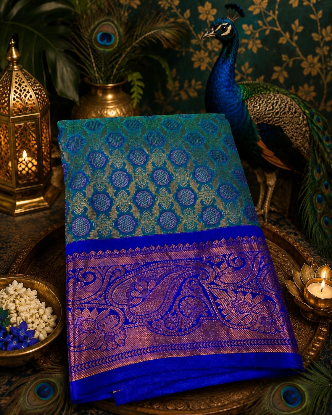 Premium Elampillai Mayil Pattu Saree – Teal Blue with Royal Blue Paisley Zari Border | Sri Nandhini Tex | SNTMPS003
