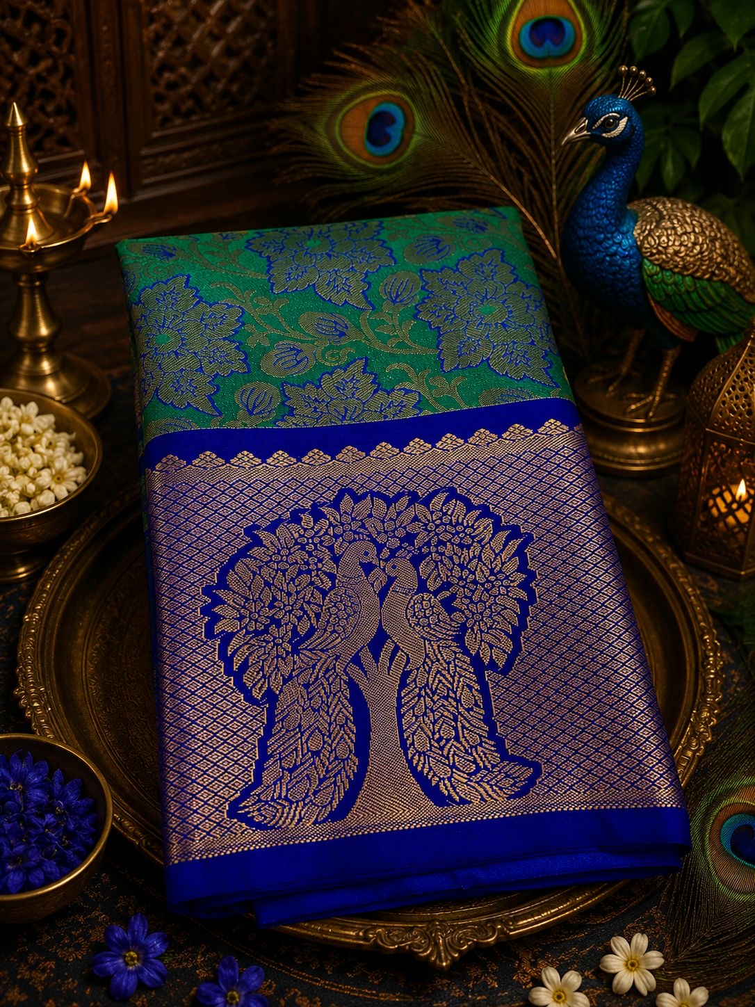 Premium Elampillai Mayil Pattu Saree – Peacock Green with Royal Blue Peacock Tree Zari Border | Sri Nandhini Tex | SNTMPS002