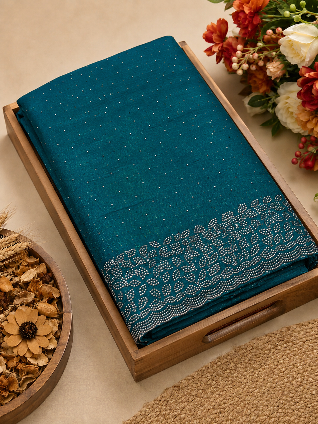 Premium Space Silk Saree – Teal Blue with Silver Leaf Border | Elegant Party Wear Saree | Sri Nandhini Tex | SNTLS02