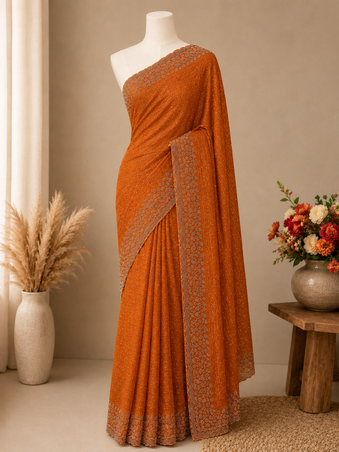 Premium Space Silk Saree – Copper Rust Orange with Elegant Silver Stone | Festive Silk Saree | Sri Nandhini Tex | SNTLS06