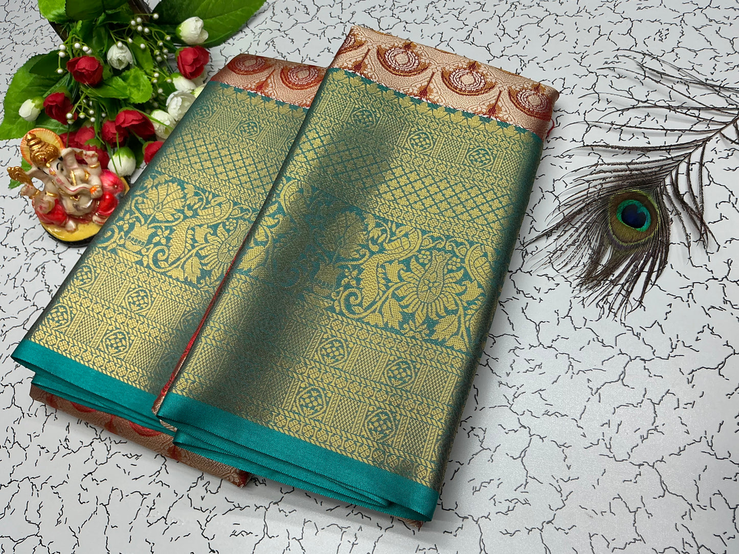 2 Gram Bridal Saree β Greenish Blue with Reddish Pallu and Heavy Floral Weave