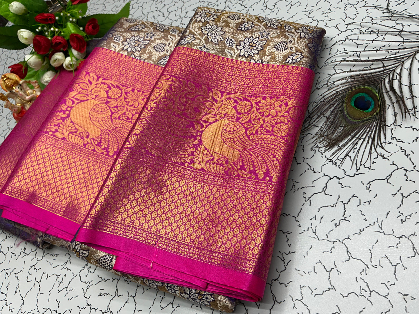 2 Gram Bridal Saree β Magenta Pink with Gold Peacock Zari and Floral Border
