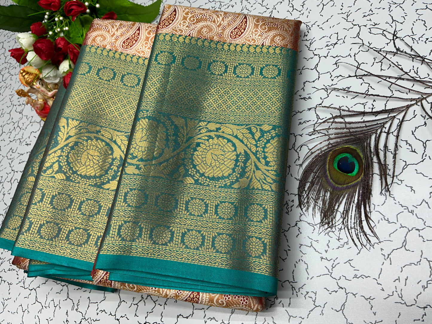 2 Gram Bridal Saree β Mango Butta with Leaf Green Zari Border