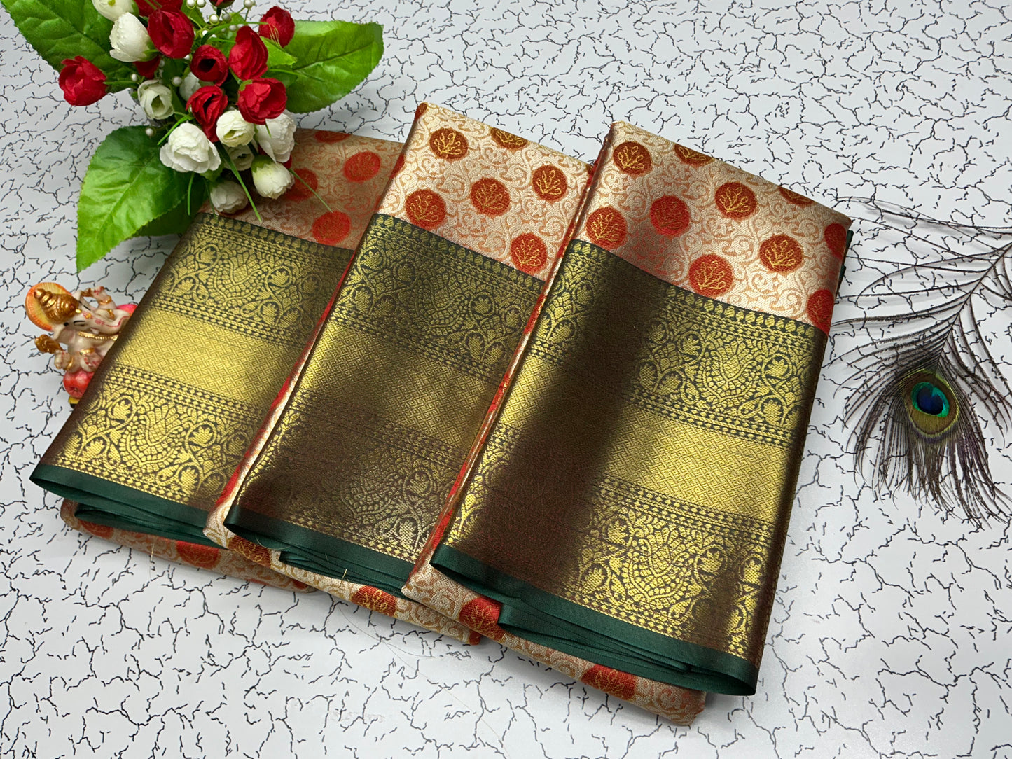 2 Gram Bridal Saree β Mehendi Green with Leaf Zari Butta and Contrast Border