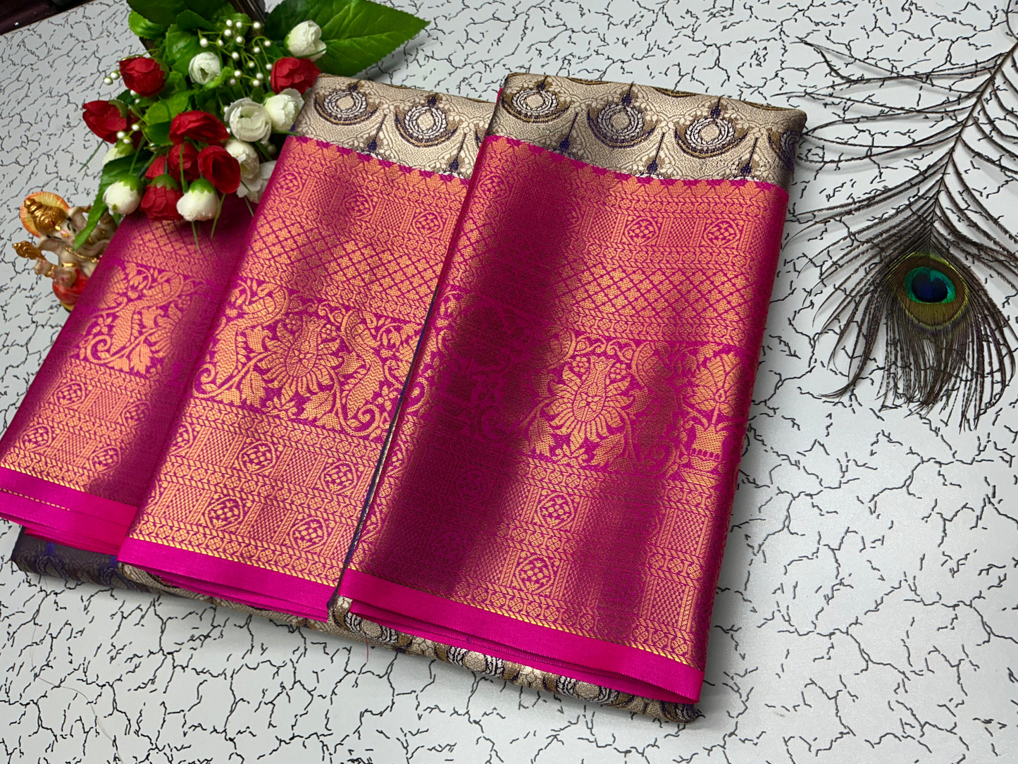 2 Gram Bridal Saree β Pink with Beige Peacock Border and Grand Zari Work