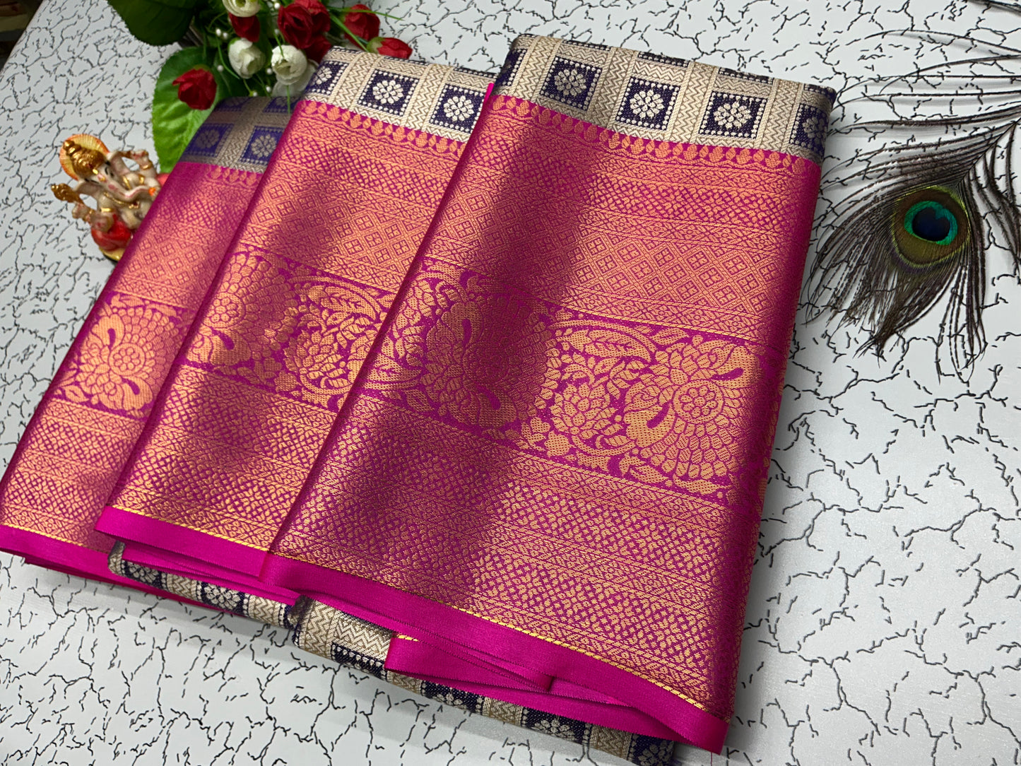 2 Gram Bridal Saree β Rani Pink with Beige Temple Checks and Rose Zari Border