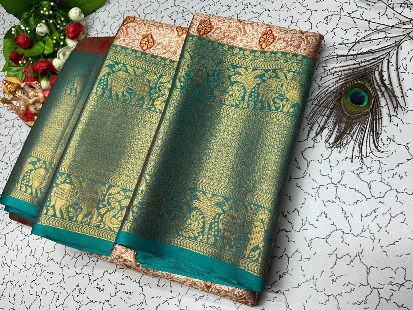 2 Gram Bridal Saree β Teal Green with Beige Rich Elephant & Mango Border