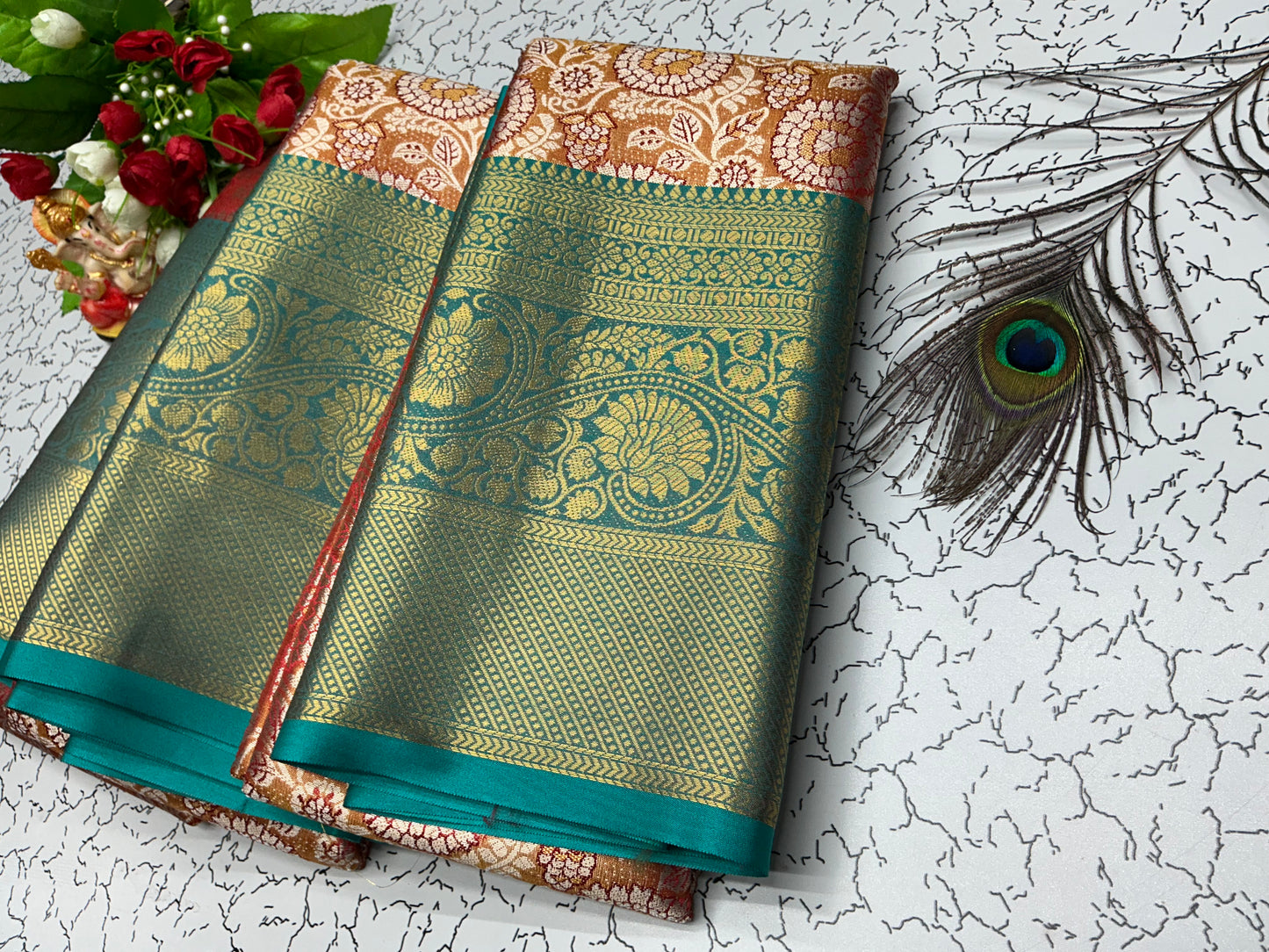 2 Gram Bridal Saree β Teal & Beige Zari Weave with Rich Rose Blouse