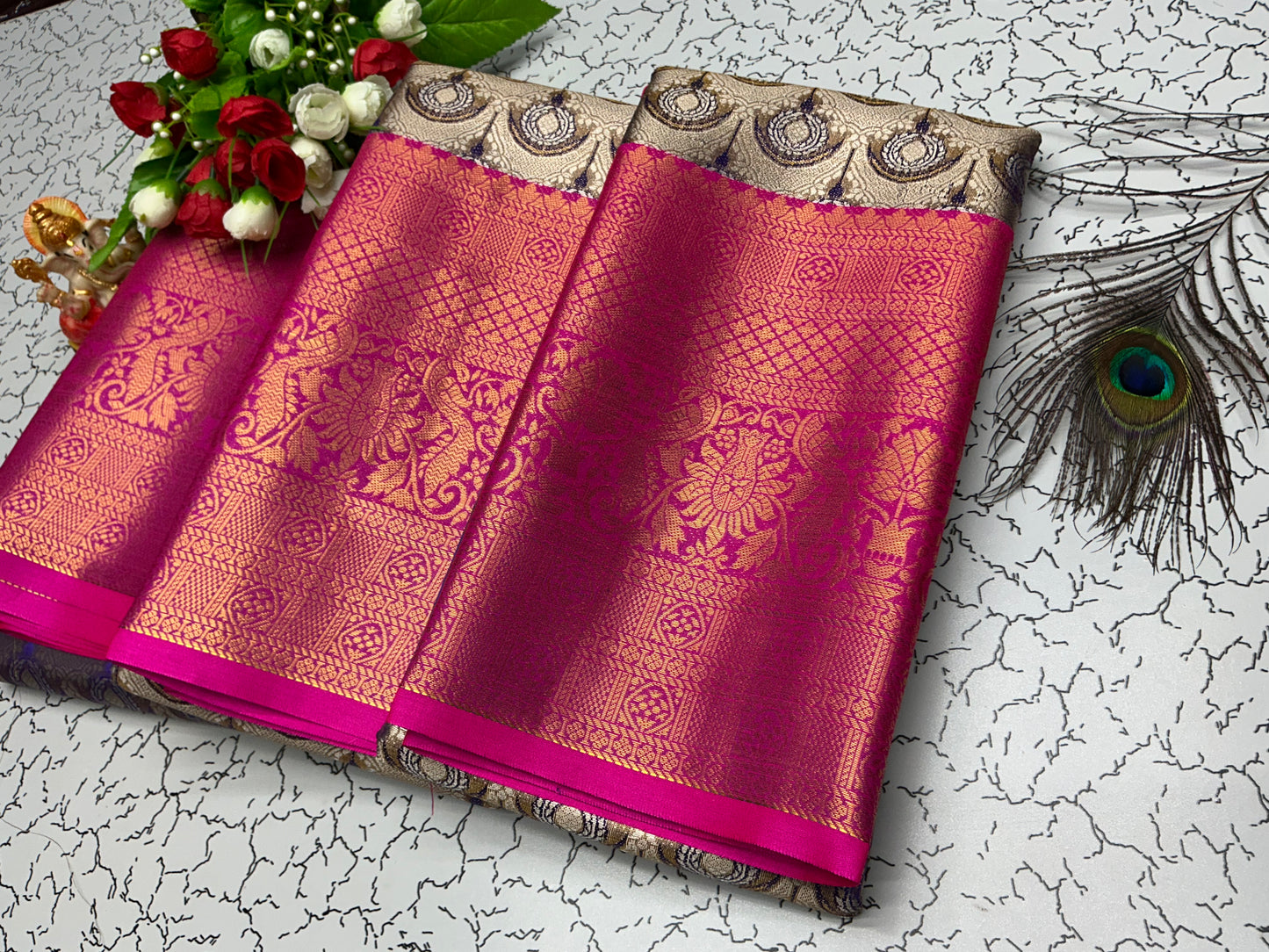 2Gram Bridal Silk Saree β Rani Pink with Beige Circular and Floral Motif Border