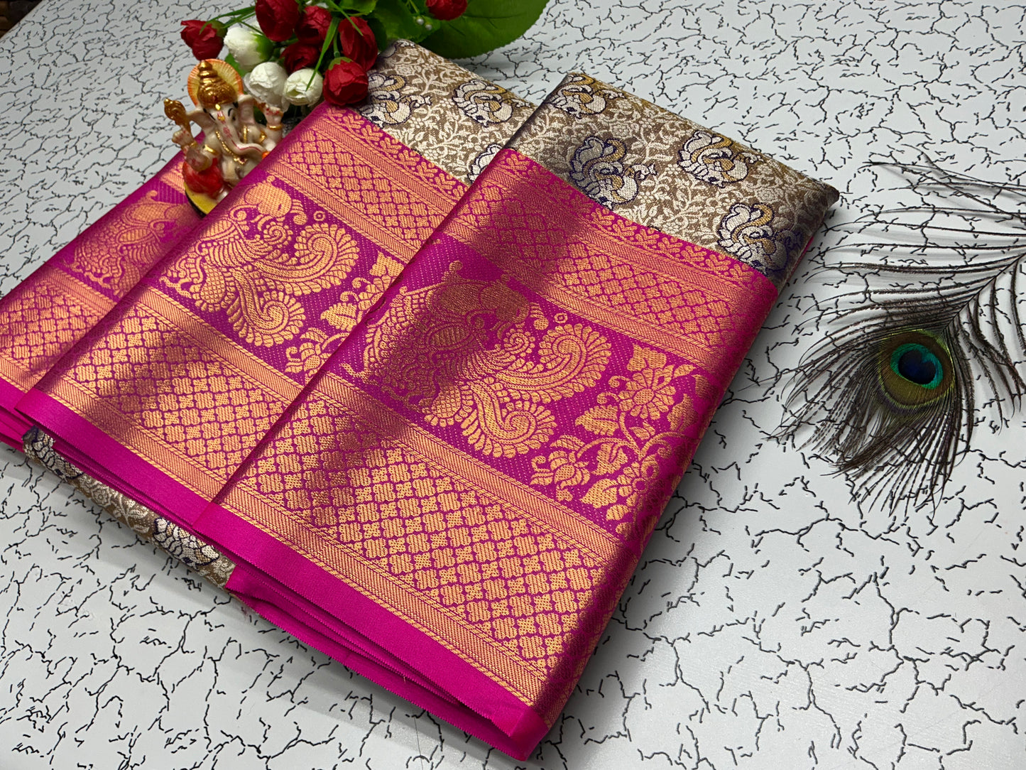 2Gram Bridal Silk Saree β Rani Pink with Beige Rich Pallu and Peacock Design