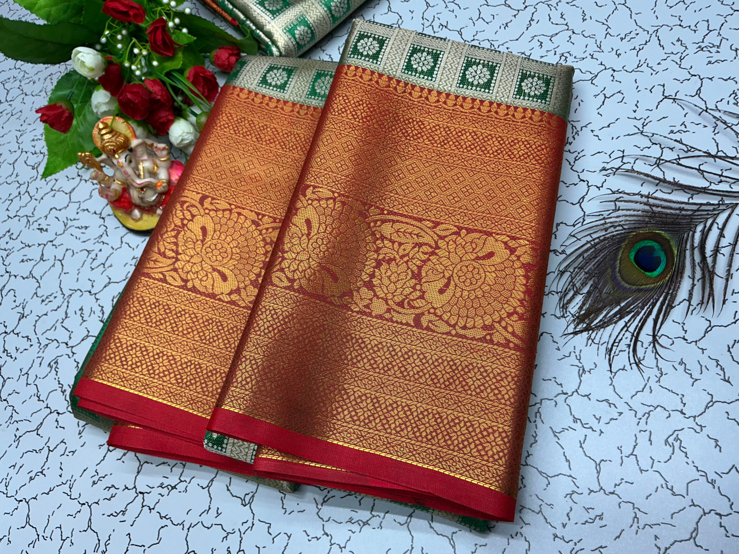 2Gram Bridal Silk Saree β Rust Red with Floral Zari and Green Diamond Border