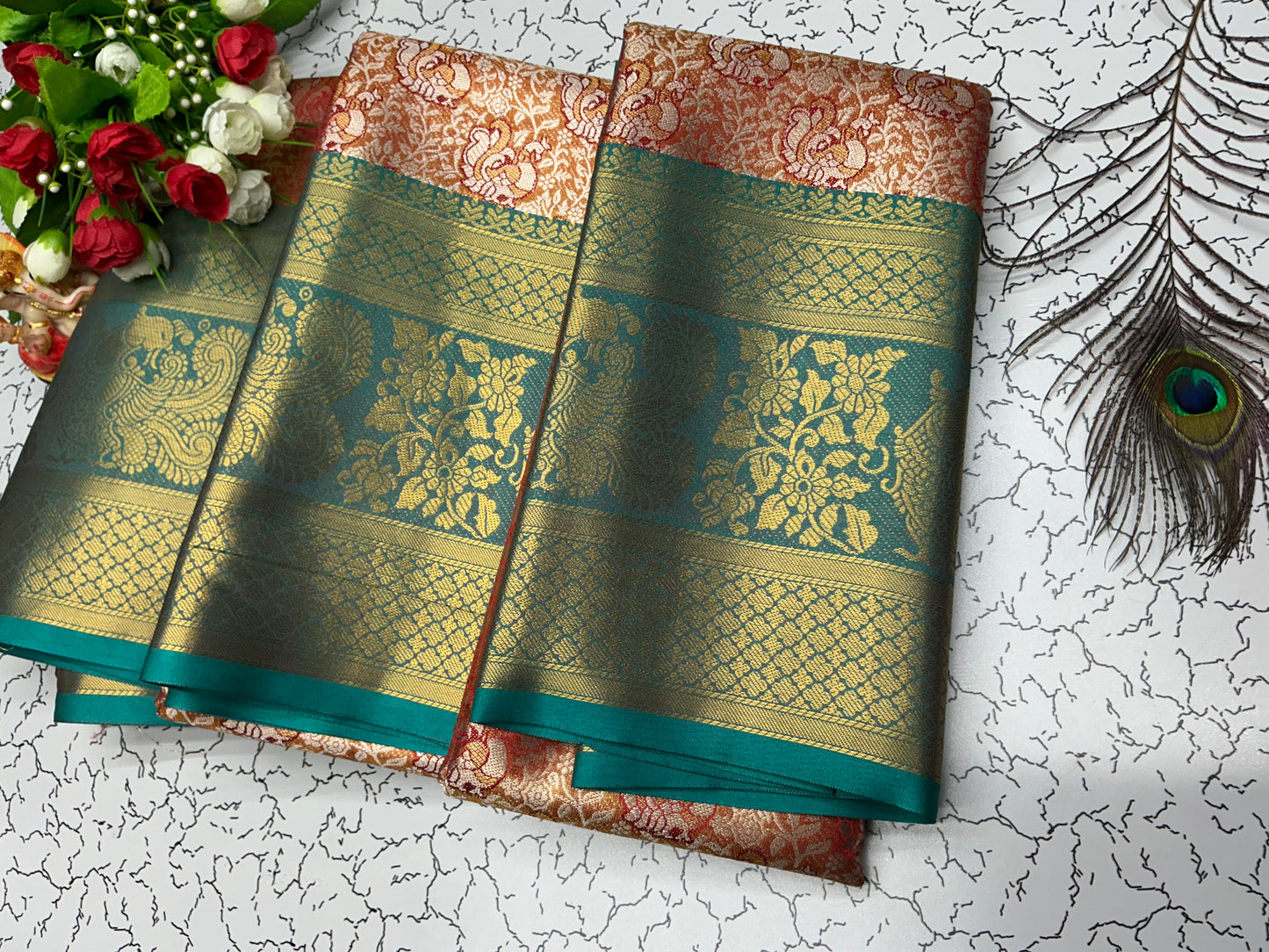 2Gram Bridal Silk Saree β Teal Green with Copper Zari and Peach Brocade Pallu