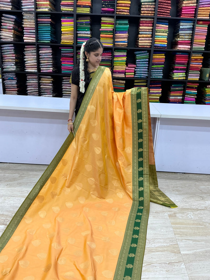 Premium Semi Kanchi Soft Silk Saree – Honey Gold with Olive Green Border | Sri Nandhini Tex | SNTKS17