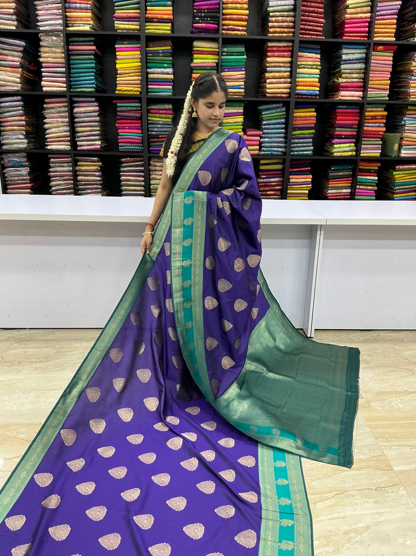 Premium Kanchi Silk Saree – Royal Plum with Aqua Green Border | Elegant Traditional Wear | Sri Nandhini Tex | SNTKS11