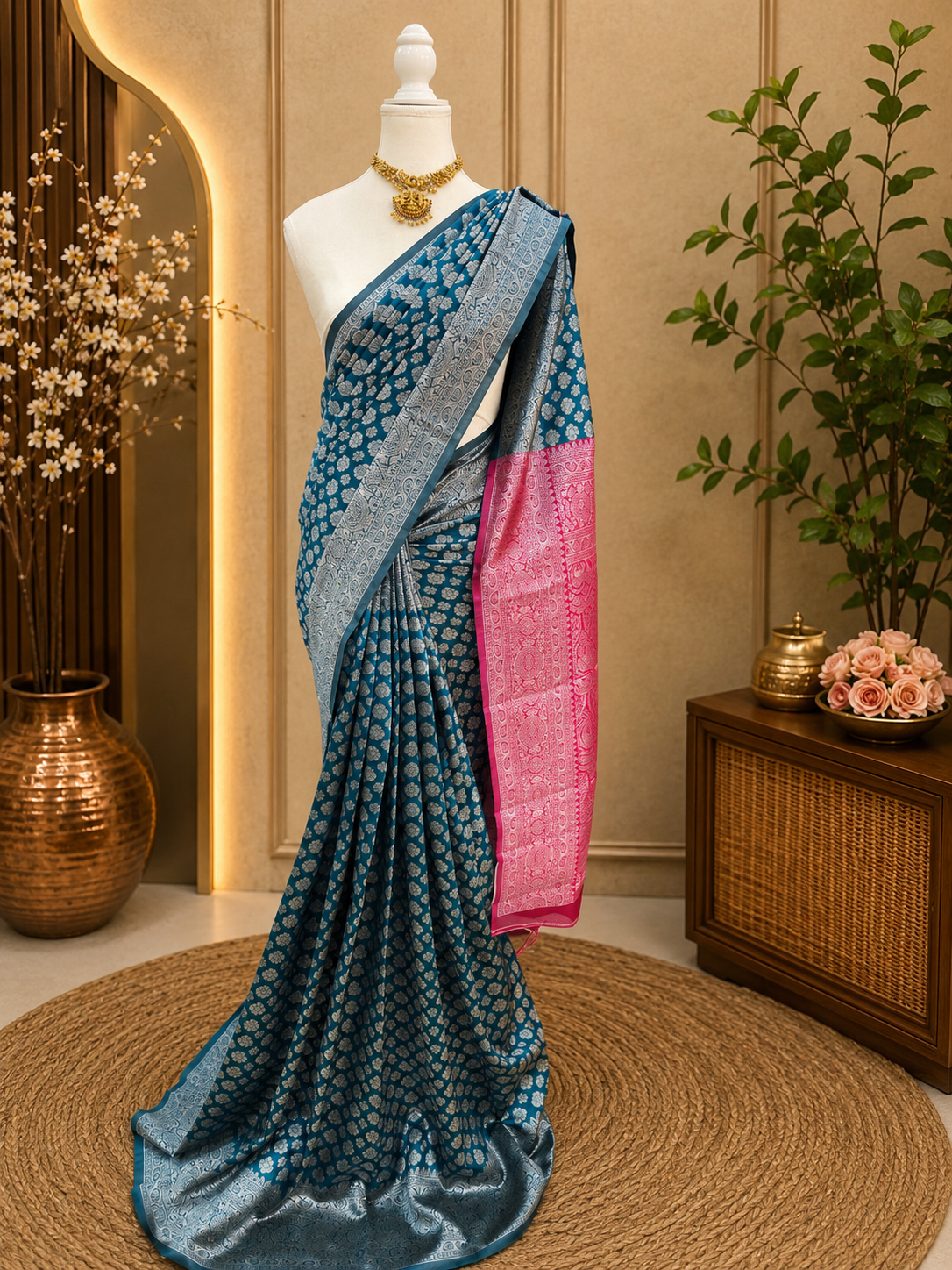 Premium Semi Silk Saree – Steel Blue with pink Silver Zari Weaving | Sri Nandhini Tex | SNTSS06