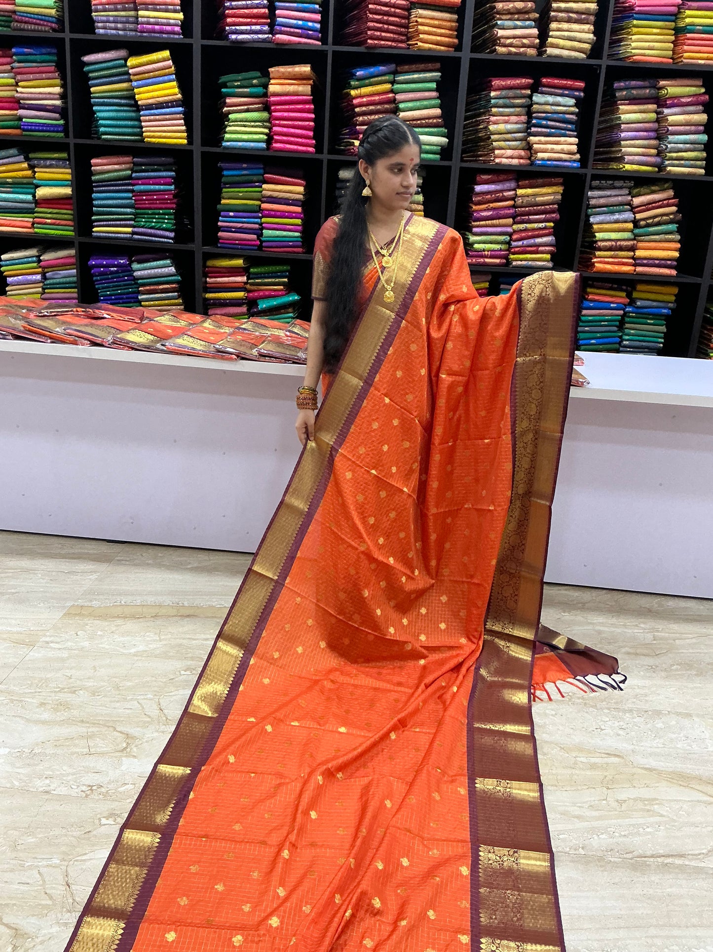 Premium Banaras Soft Silk Saree – Trending Rust Orange with Brown Zari Border | Traditional Wedding & Festive Saree | Sri Nandhini Tex | SNTRO06