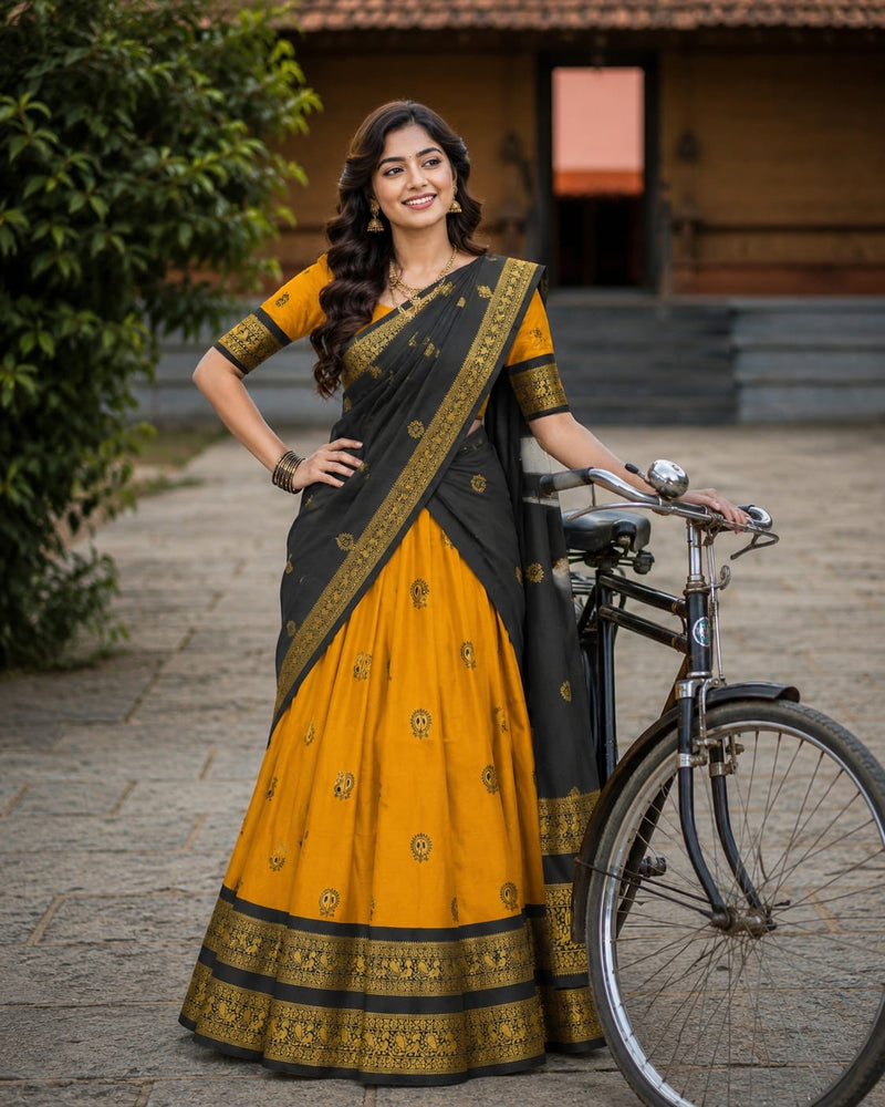 Traditional Elampillai Half Saree Set – Mustard Yellow & Black Traditional Wear | Sri Nandhini Tex