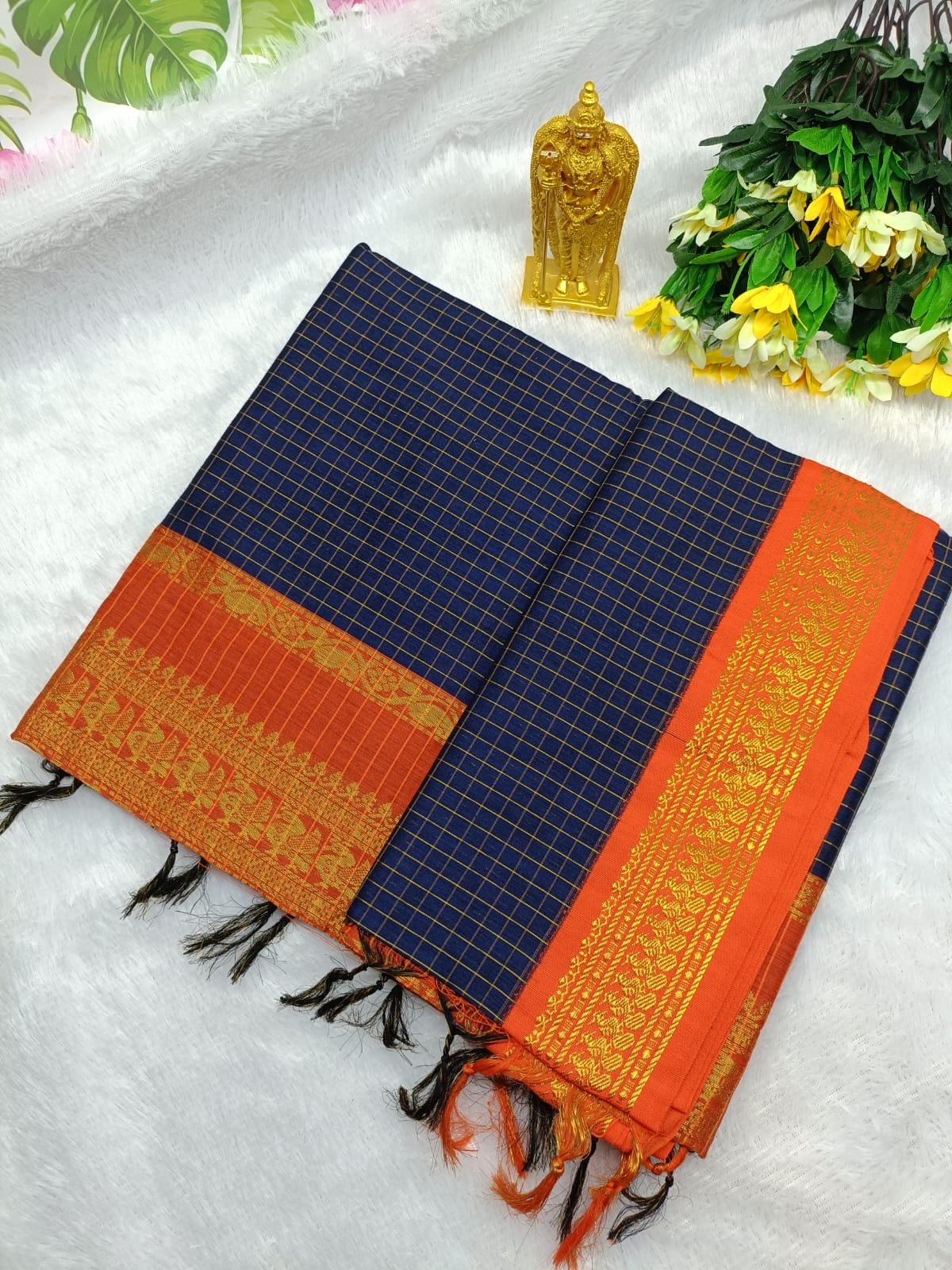 Kalyani Cotton Saree in Navy Blue with Mustard Yellow Contrast Zari Border and Rich Pallu Design for Festive Wear