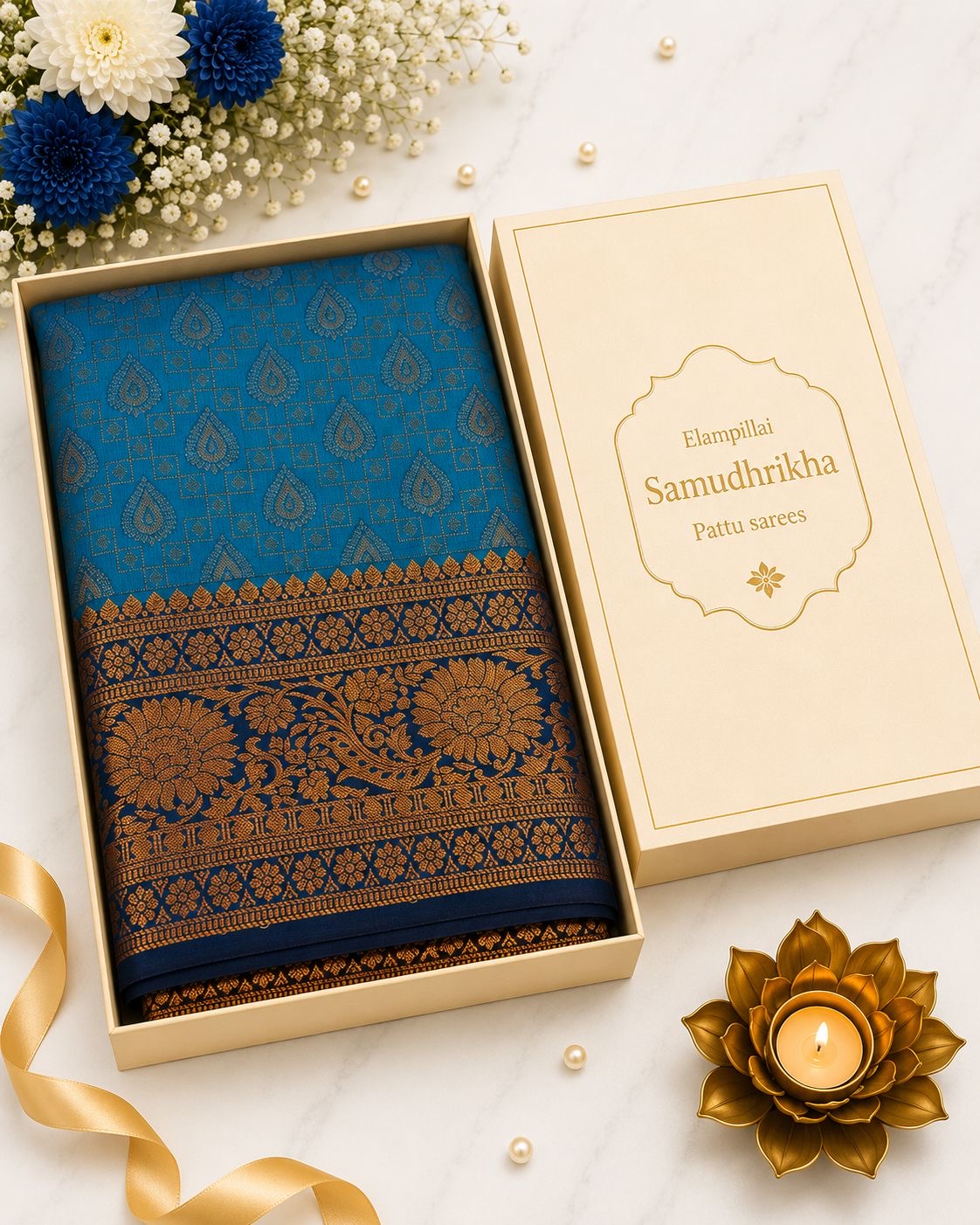 Premium Elampillai Samudhrikha Pattu Saree – Peacock Blue with Antique Gold Floral Border | Traditional Wedding Silk Saree | Sri Nandhini Tex | SNTSP007