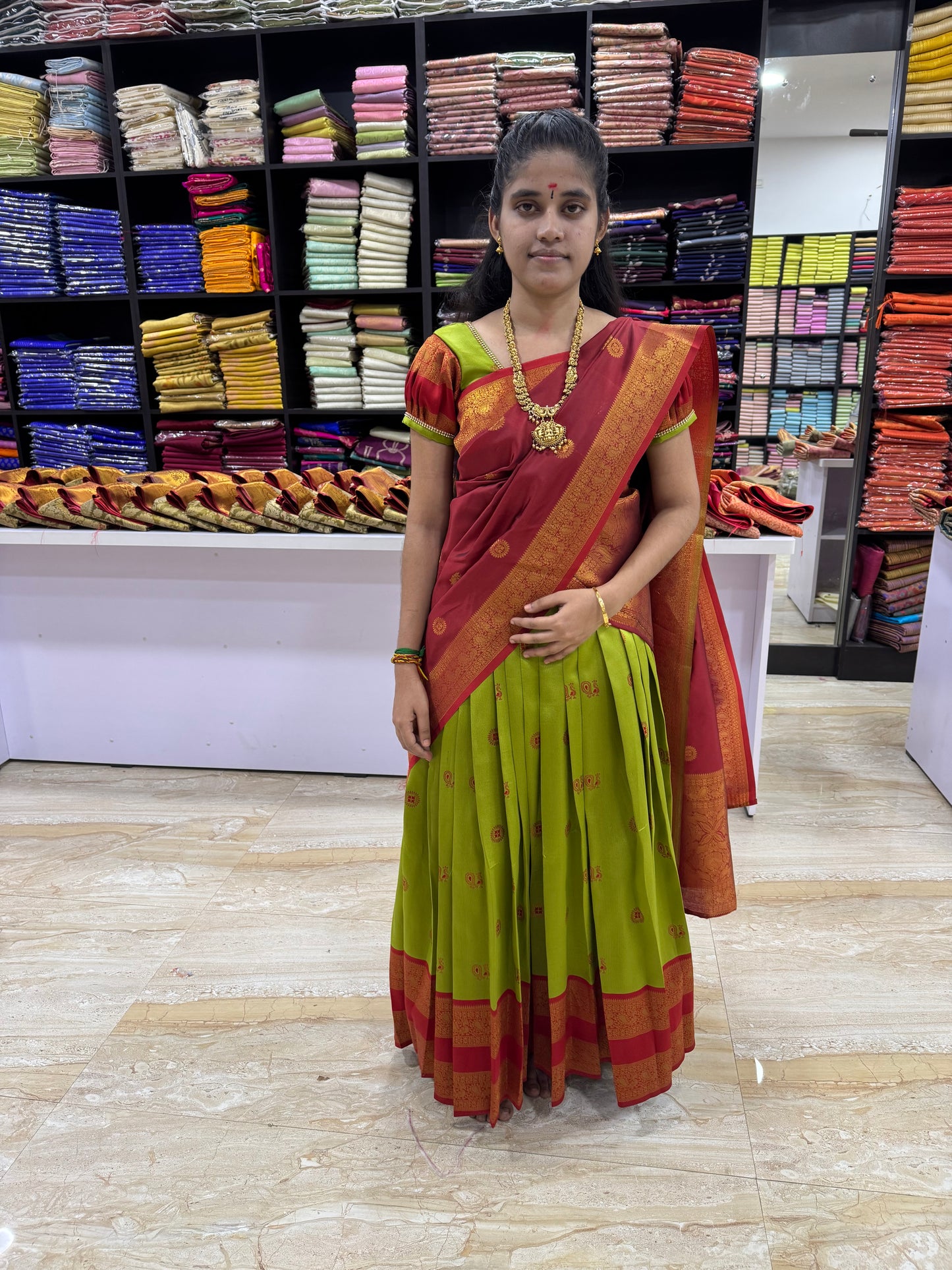 Traditional half saree set parrot green with maroon