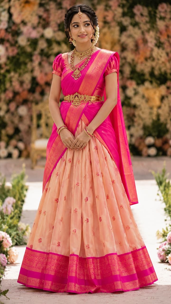 Traditional Elampillai Half Saree Set – Peach Pink Festival Wear Collection | Sri Nandhini Tex