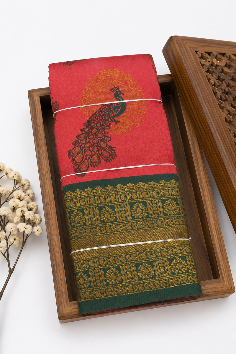 Elegant Peacock Motif | Rich Zari Weave | Tomato Pink with Green Border | Sri Nandhini Tex
Code: SNTSM002