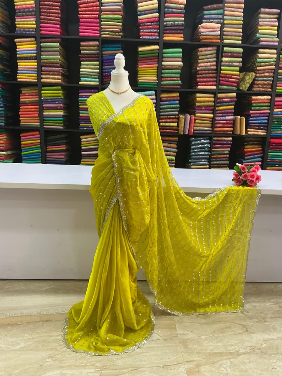 Premium Space Silk Designer Saree – Lemon Yellow with Stone Work Border | Sri Nandhini Tex | SNTSS003