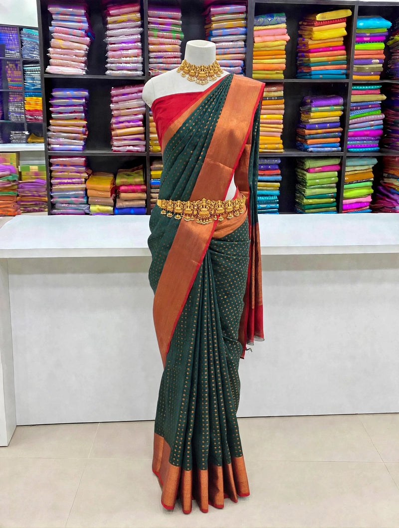 Premium Thousand Buttas Saree – Green with redContrast | Festive Elegance Saree | Sri Nandhini Tex | SNTB006