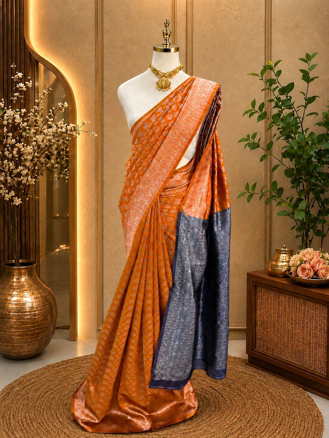 Premium Semi Silk Saree – Rust Orange with navy blue Silver Zari Weaving | Sri Nandhini Tex | SNTSS07
