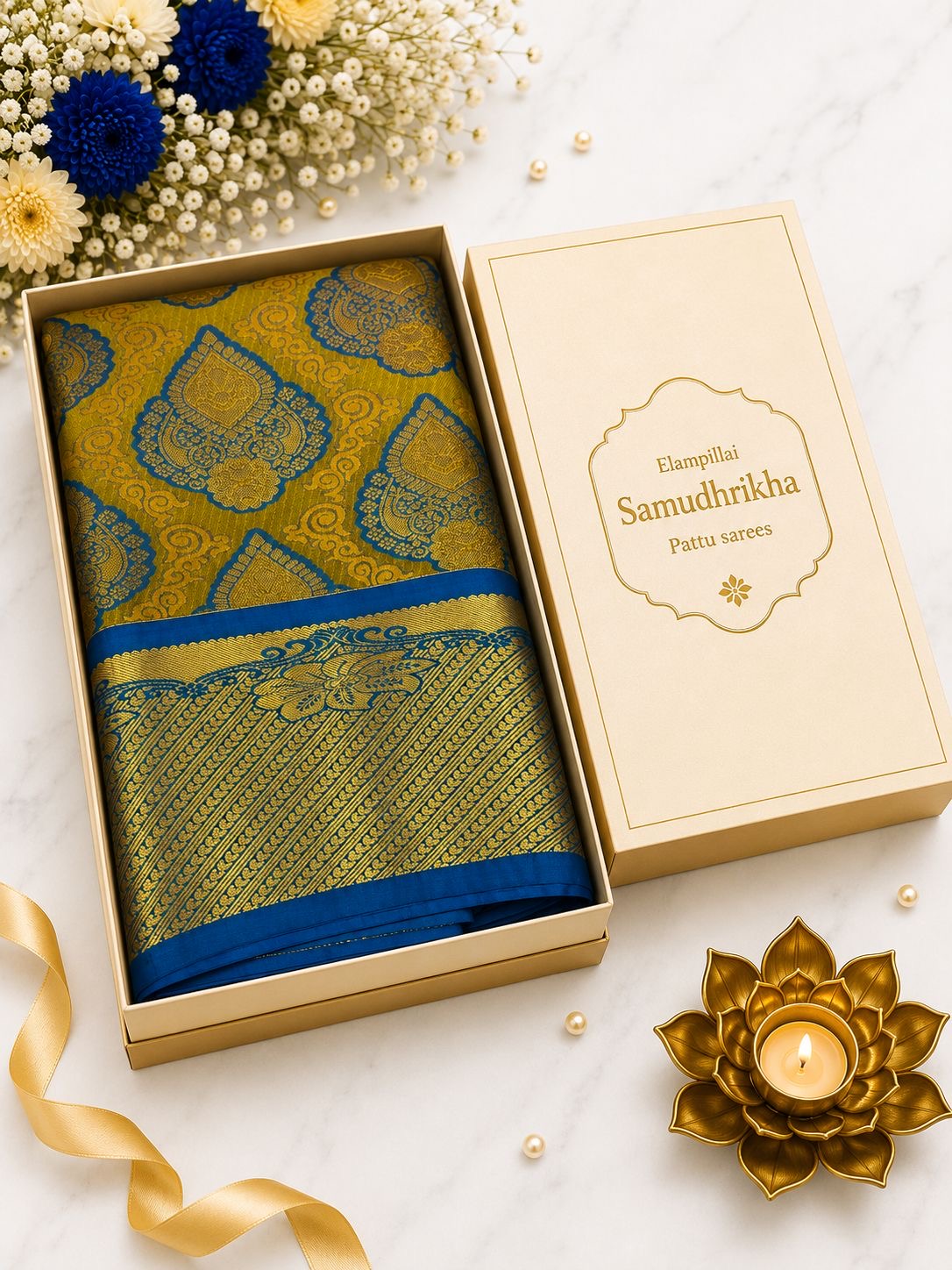 Premium Elampillai Samudhrikha Pattu Saree – Royal Blue & Mustard Gold Contrast | Traditional Wedding Silk Saree | Sri Nandhini Tex | SNTSP003