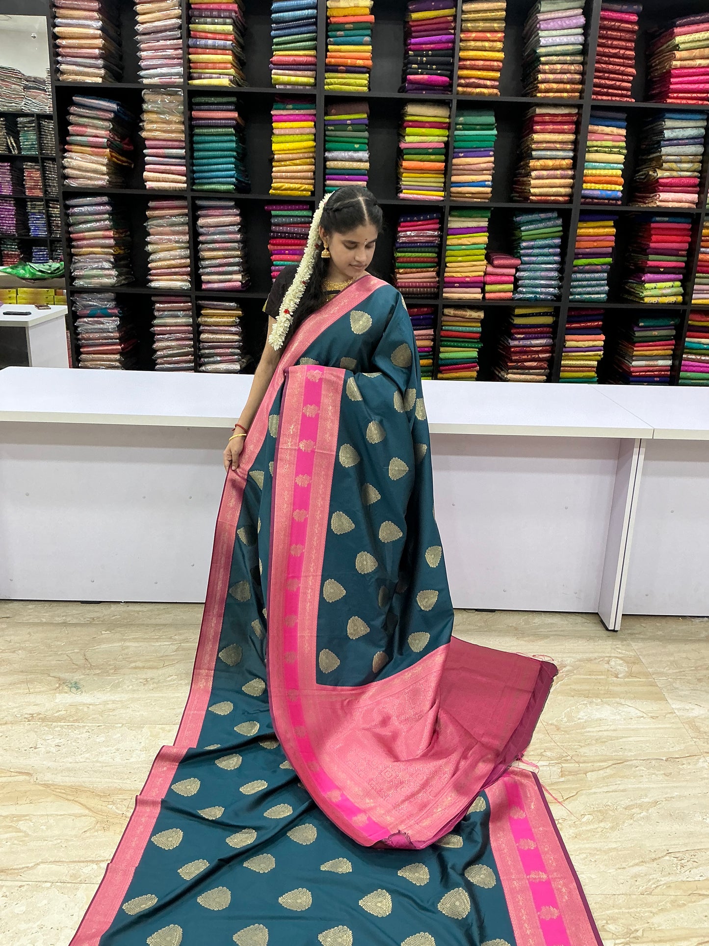 Premium Semi Kanchi Soft Silk Saree – Peacock Blue with Orchid Pink Border | Sri Nandhini Tex | SNTKS16