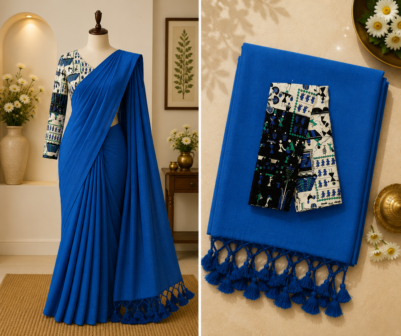 Khadi Cotton Saree with Kalamkari Blouse | Royal Blue | Sri Nandhini Tex | Code: SNTCK112