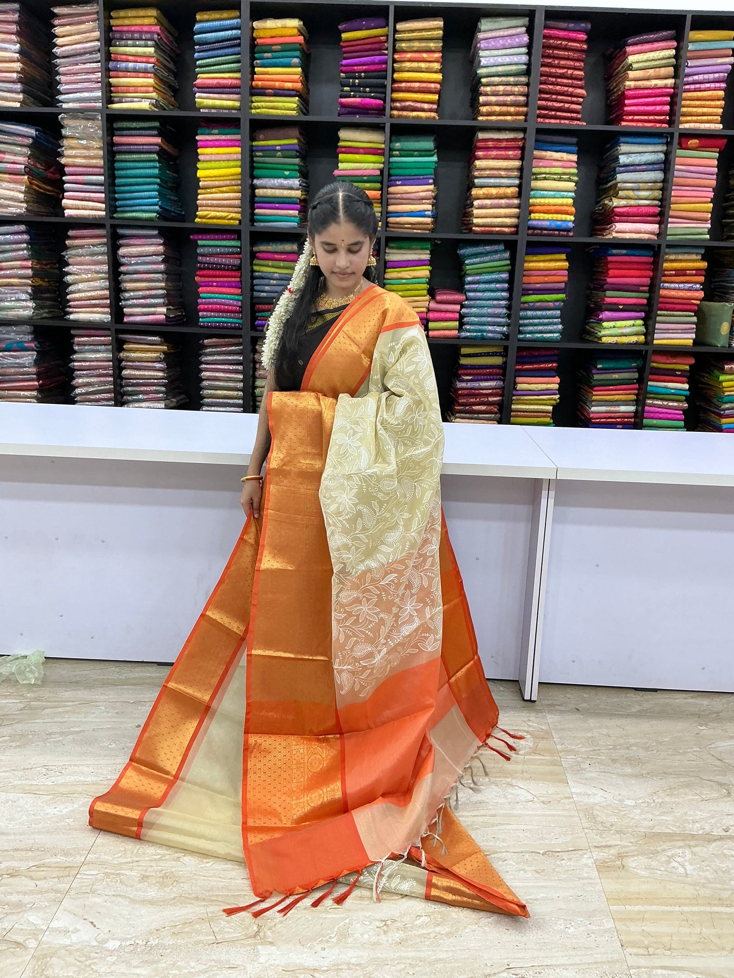 Premium Tissue Soft Silk Saree – Ivory Gold with Tangerine Orange Border | Festive Silk Saree | Sri Nandhini Tex | SNTBTS01