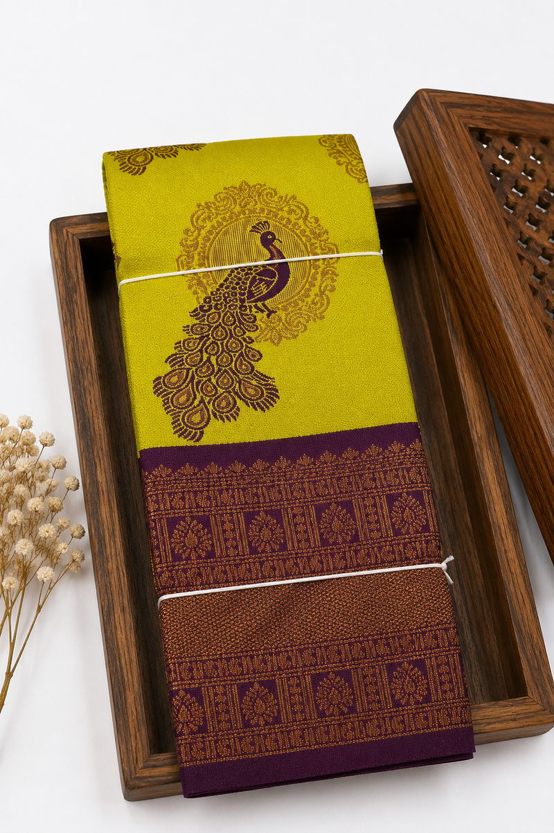 Elegant Peacock Motif | Rich Zari Weave |Lime with Royal Purple Border | Sri Nandhini Tex
Code: SNTSM004