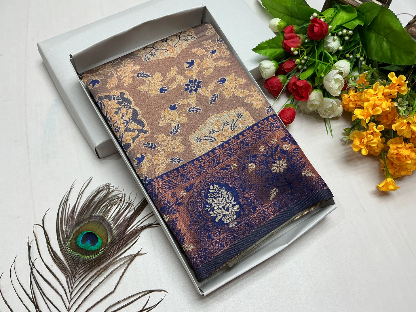 Bridal Saree β Beige Gold with Violet Floral Contrast