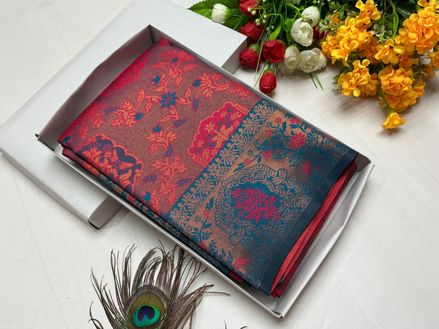 Bridal Saree β Crimson Red with Sky Blue Dual Design