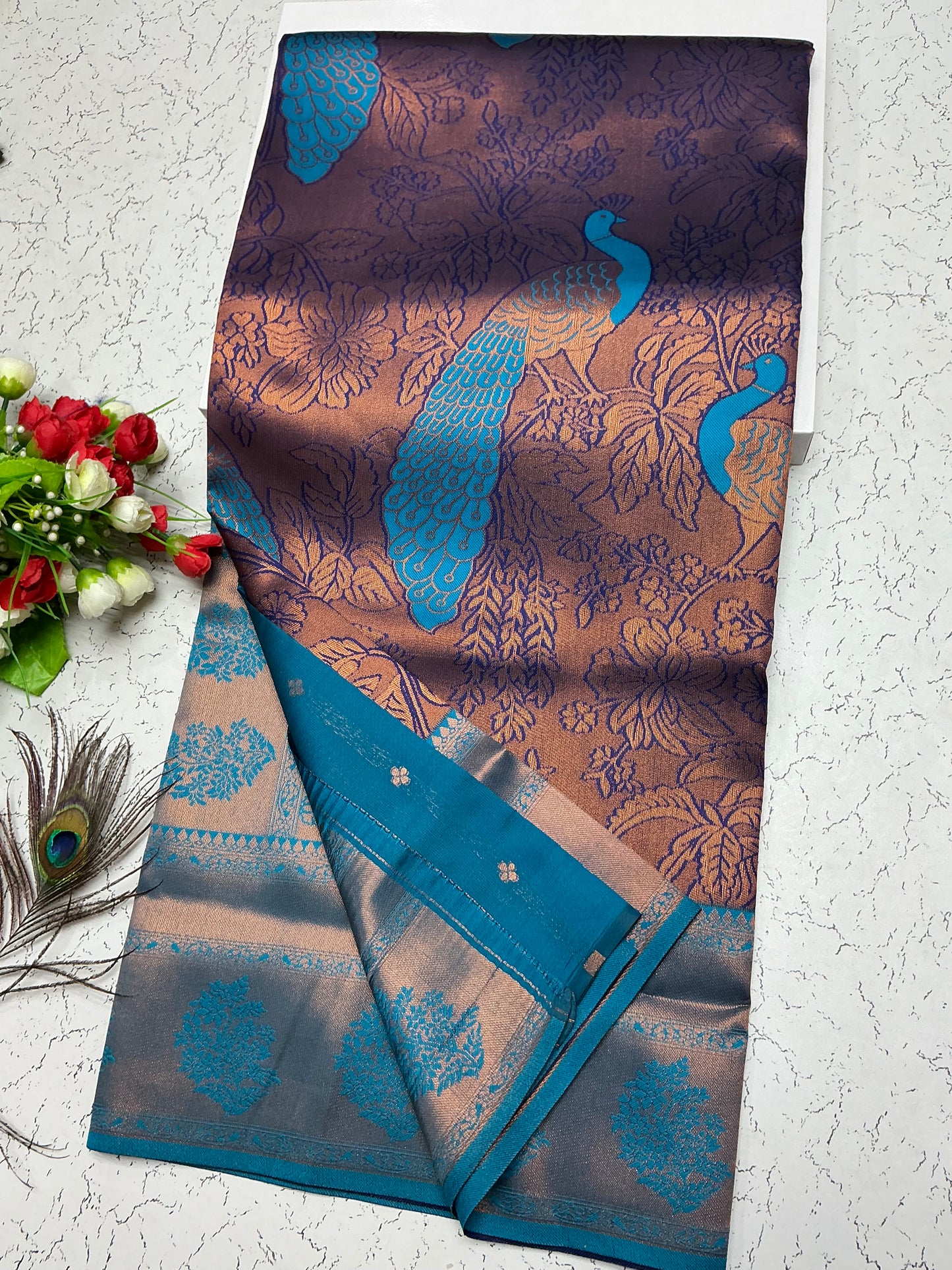 Bridal Saree β Glossy Ocean Blue with Sky Aqua Feather Print