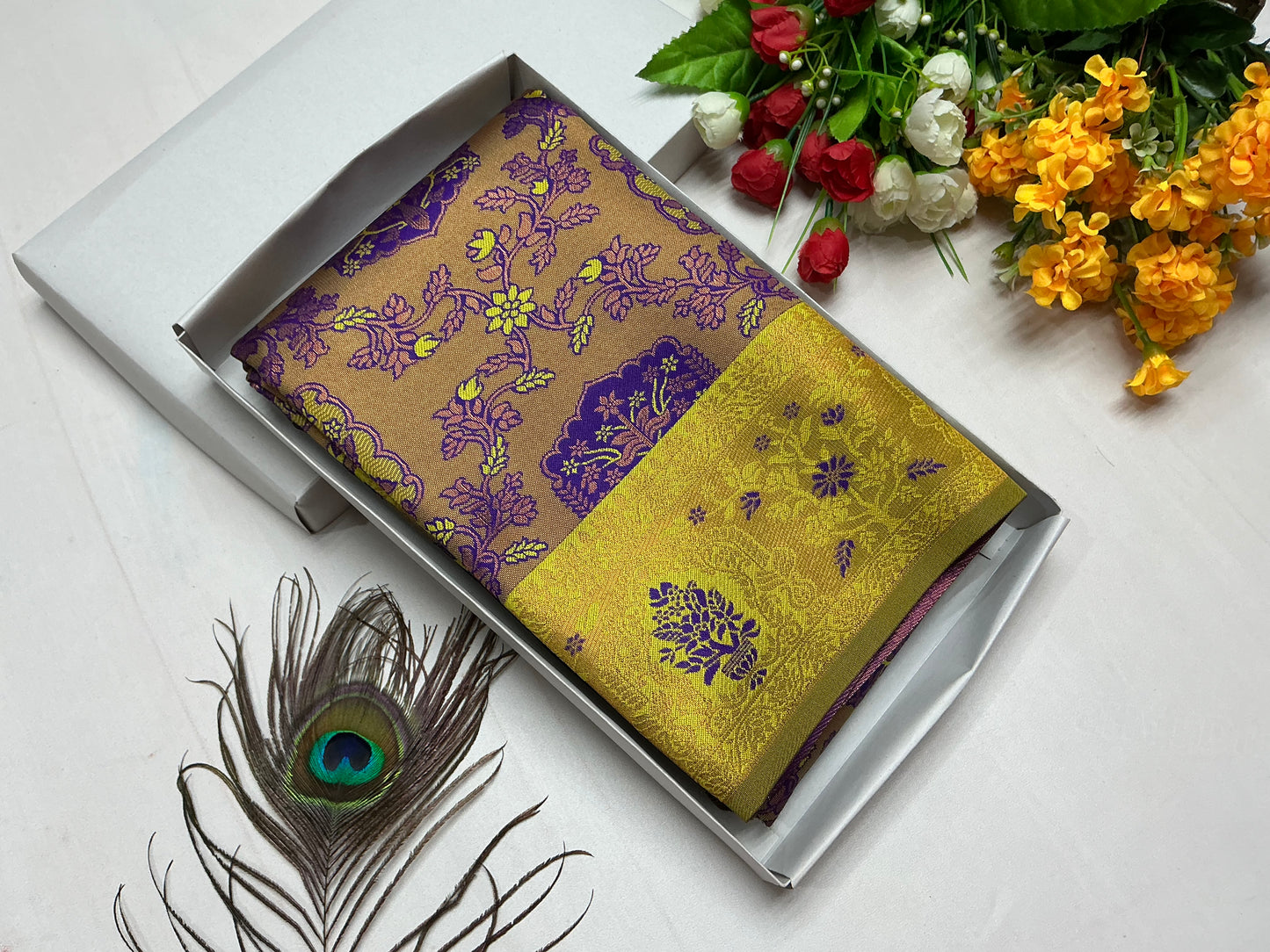 Bridal Saree β Lemon Yellow with Violet Butta Design