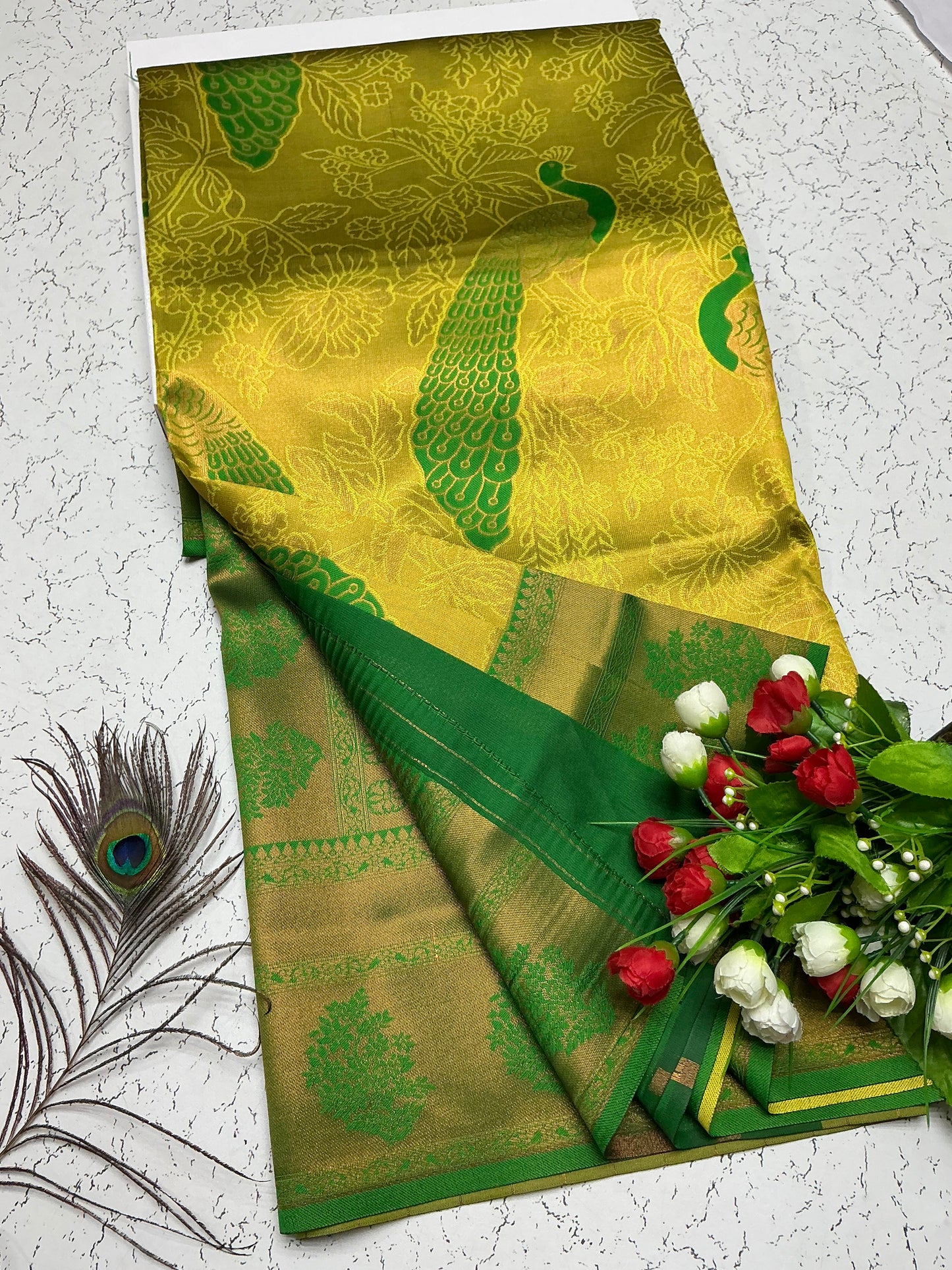 Bridal Saree β Mango Yellow with Parrot Green Floral Zari