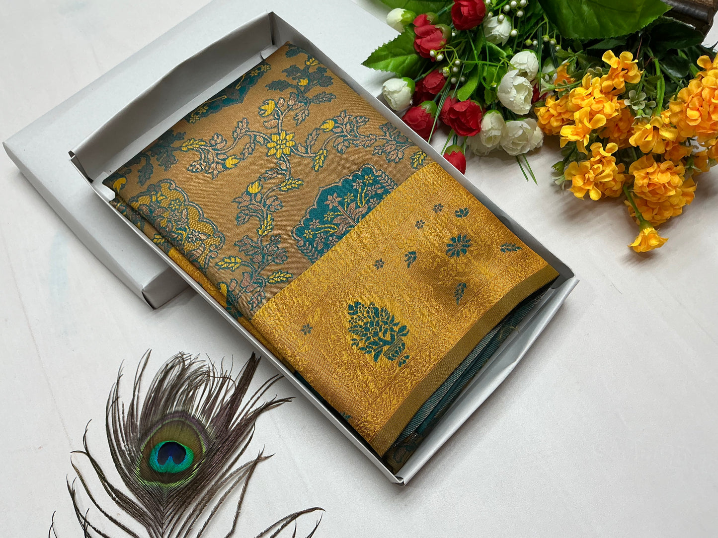 Bridal Saree β Mustard Yellow with Royal Blue Leaf Border