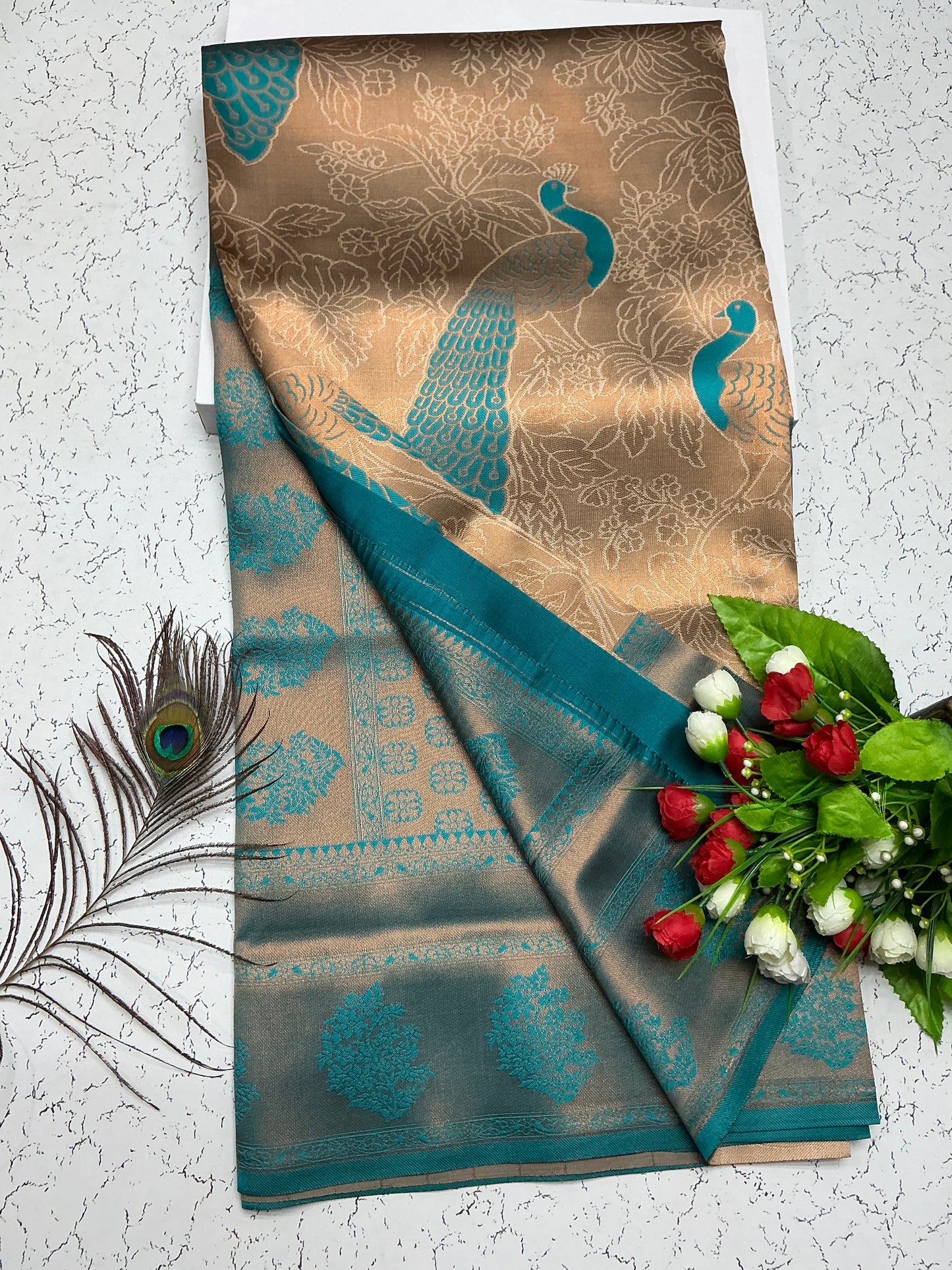 Bridal Saree β Sand Gold with Teal Dual-Tone Pallu