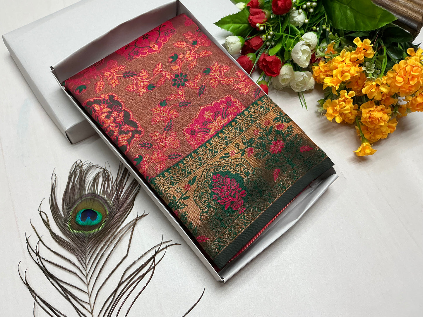 Bridal Saree β Tomato Red with Antique Green Butta Work