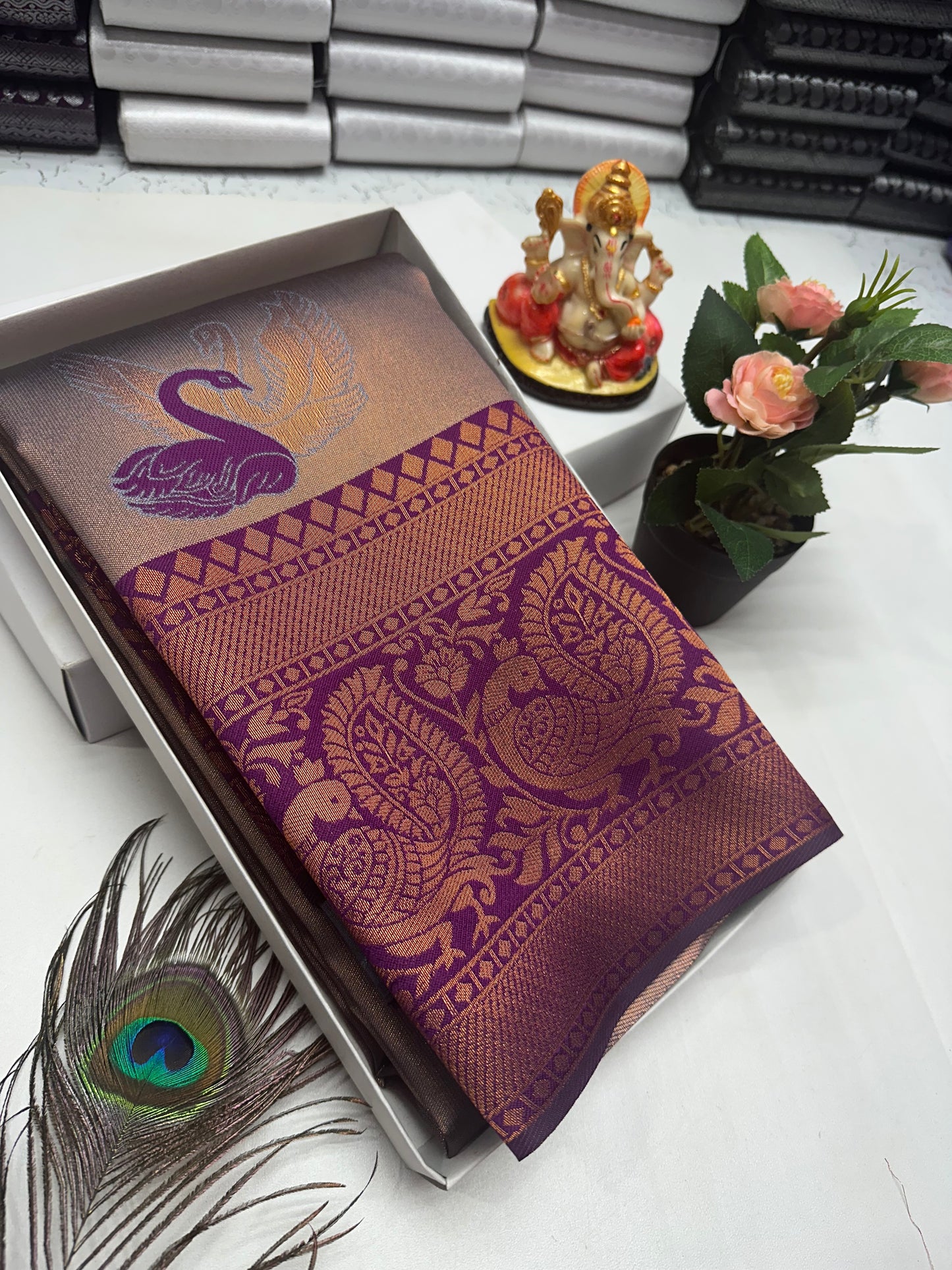 Bridal Silk Saree β Beige Ombre with Violet Paisley Weave