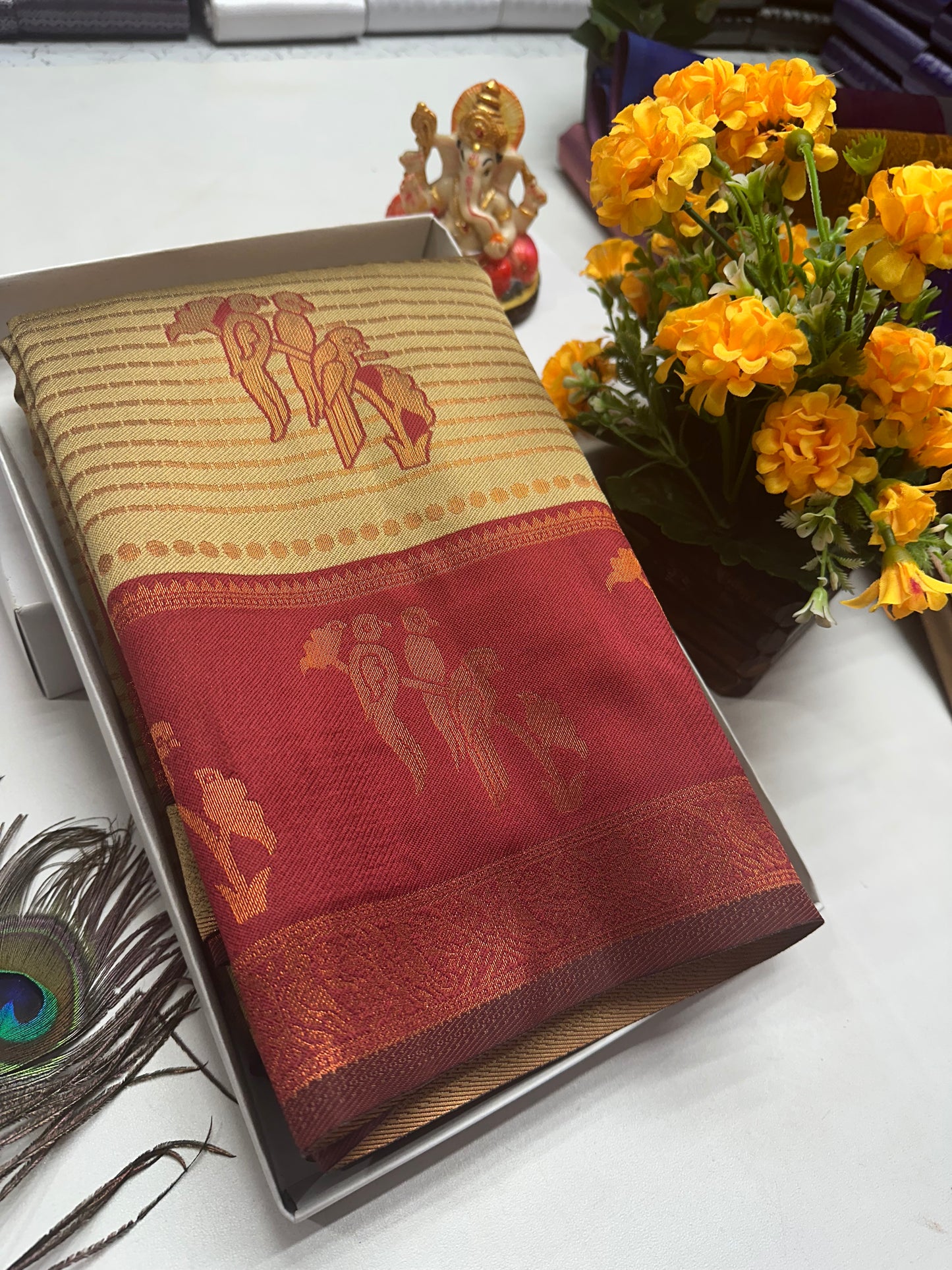 Bridal Silk Saree β Cream Gold with Maroon Parrot Motif and Zari Border