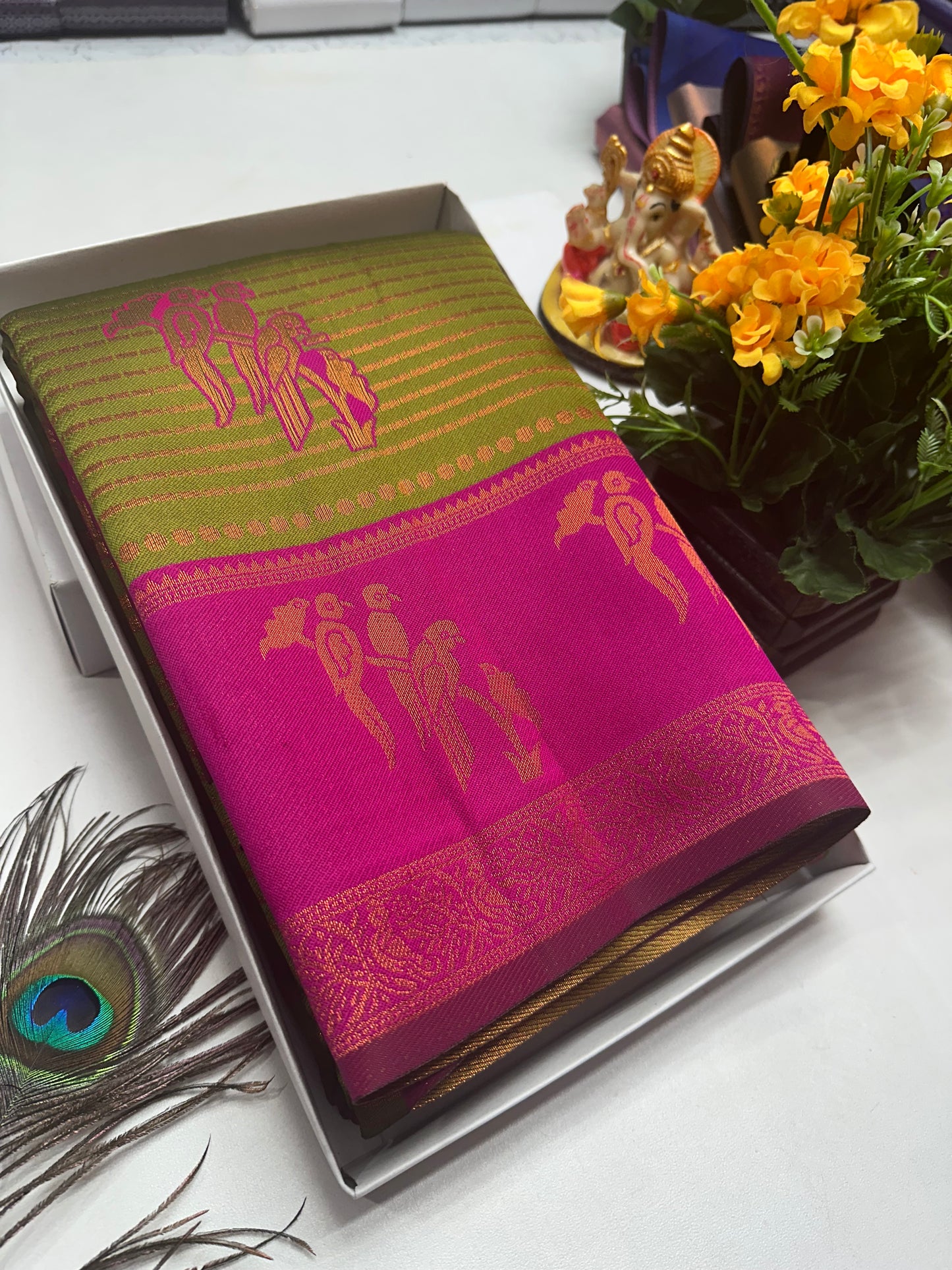 Bridal Silk Saree β Leaf Green with Rani Pink Parrot Motif Zari