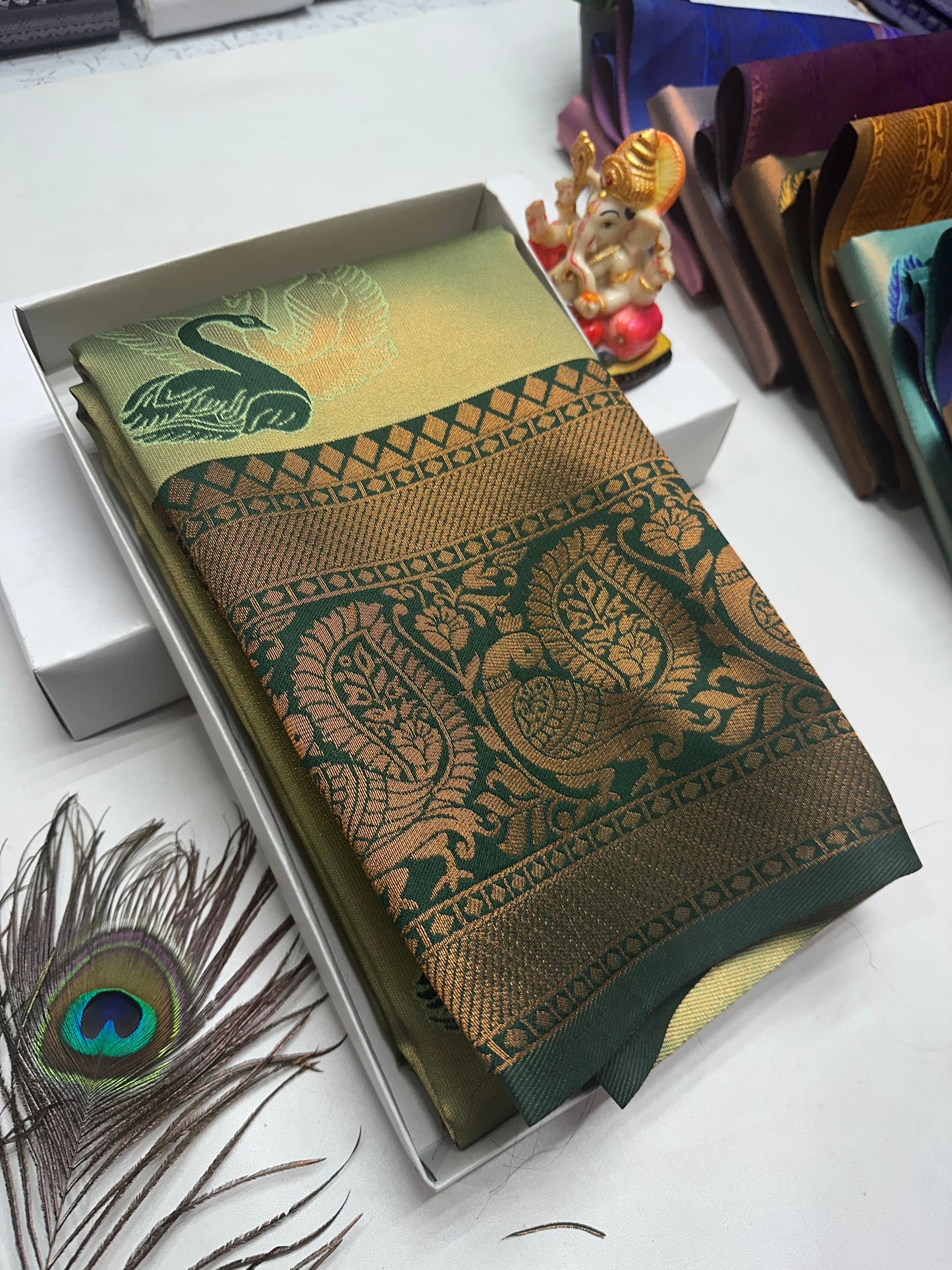Bridal Silk Saree β Mehendi Green with Bottle Green Zari and Swan Motif