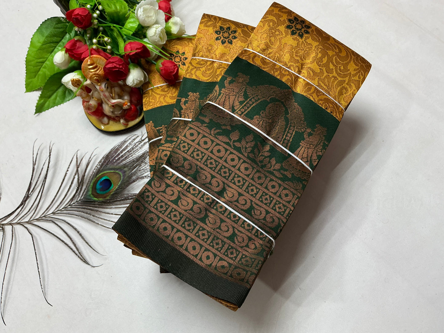 Bridal Silk Saree β Mustard with Bottle Green Temple Border